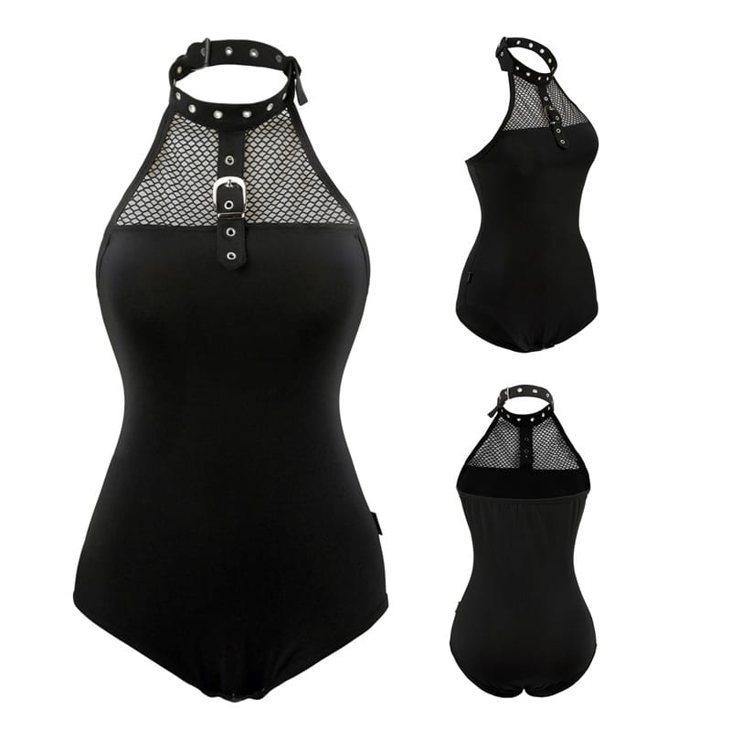 Leashed & Collared Goth Black Bodysuit