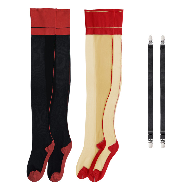 Vintage Backseam Thigh High Sheer Silk Stockings with Red Cuffs