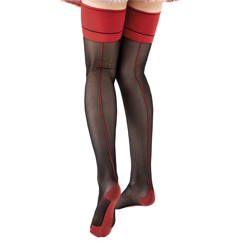 Vintage Backseam Thigh High Sheer Silk Stockings with Red Cuffs