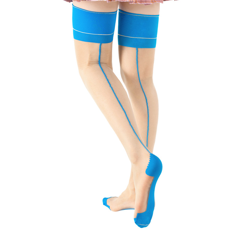 Vintage Backseam Thigh High Sheer Silk Stockings with Blue & Black Cuffs