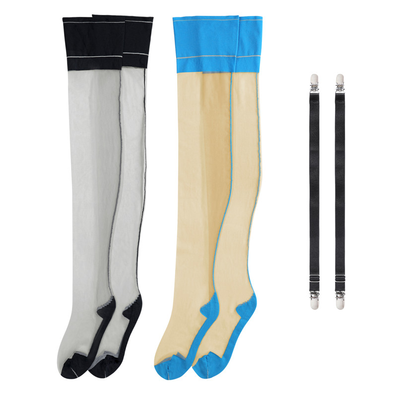 Vintage Backseam Thigh High Sheer Silk Stockings with Blue & Black Cuffs