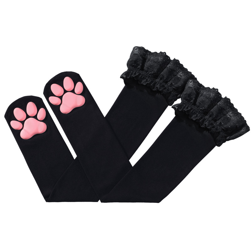 Lace Top 3D Paw Pad Thigh High Silk Stockings
