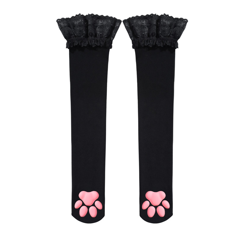 Lace Top 3D Paw Pad Thigh High Silk Stockings