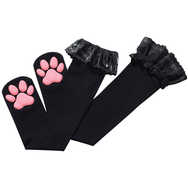 Lace Top 3D Paw Pad Thigh High Silk Stockings