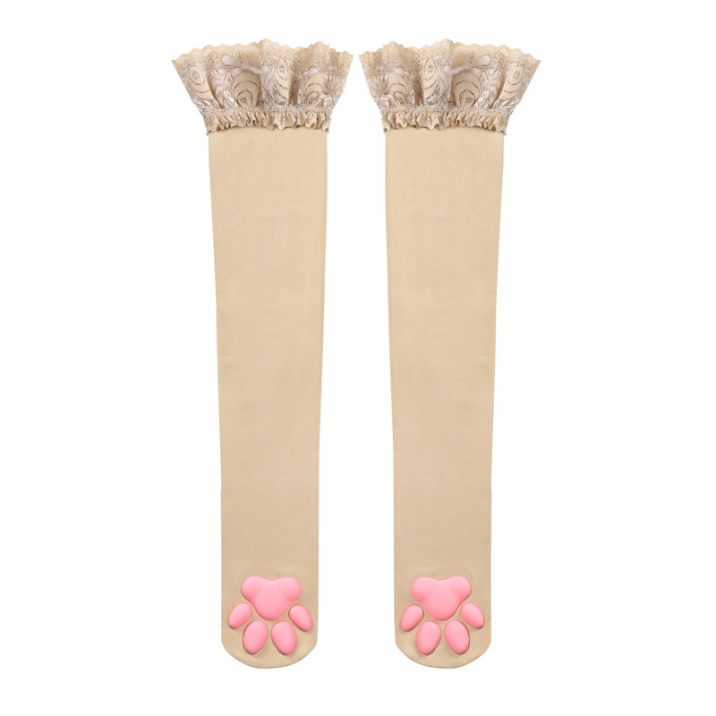 Lace Top 3D Paw Pad Thigh High Silk Stockings