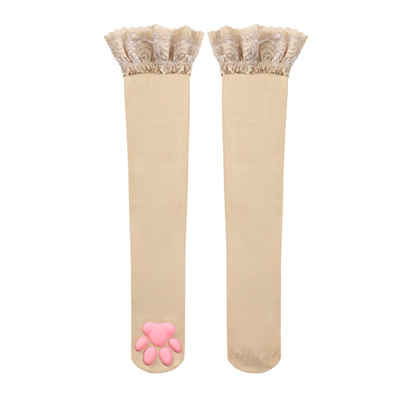 Lace Top 3D Paw Pad Thigh High Silk Stockings