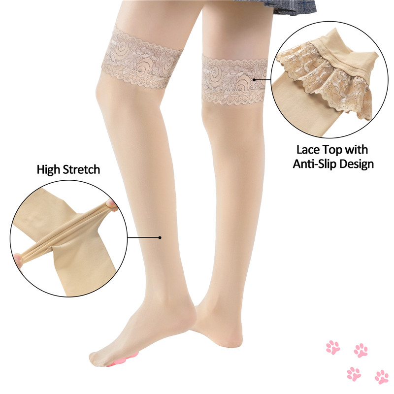 Lace Top 3D Paw Pad Thigh High Silk Stockings