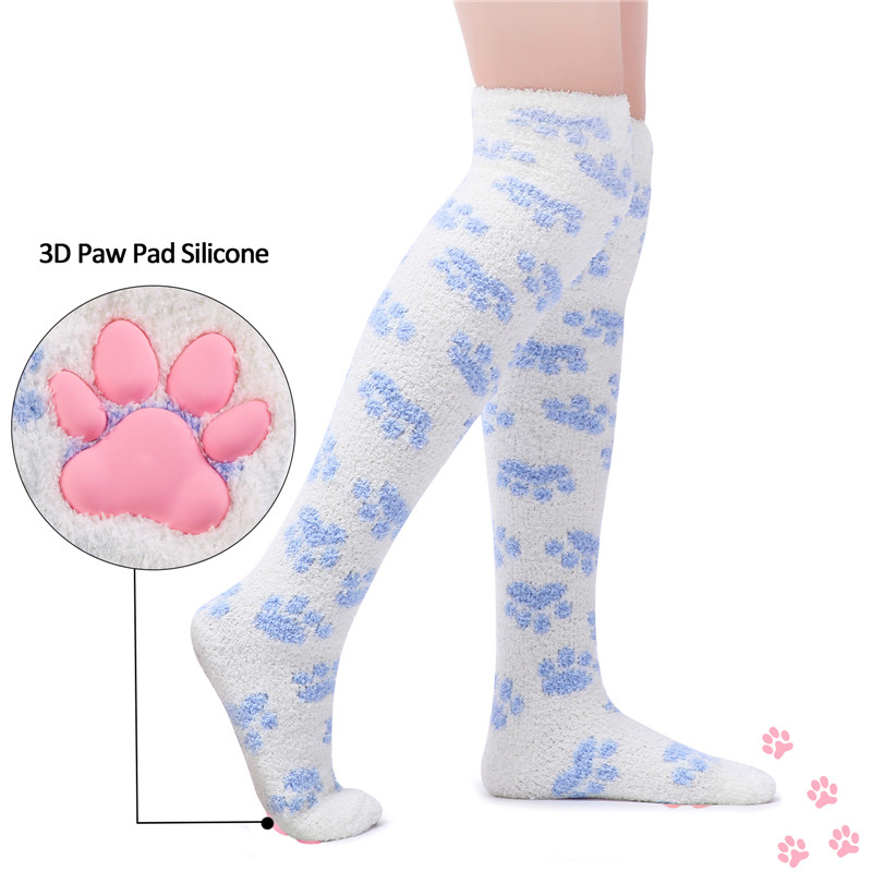 3D Paw Pad Thigh High Coral Fleece Socks