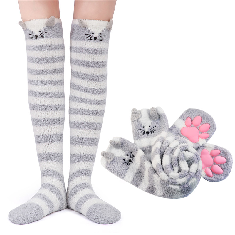 3D Paw Pad Knee High Coral Fleece Socks