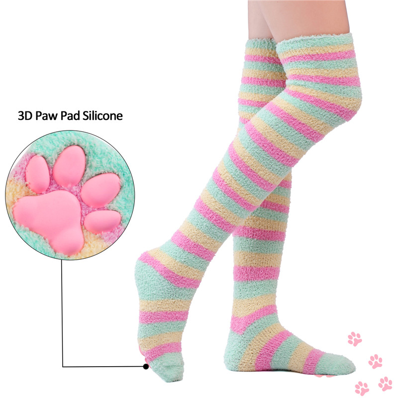 3D Paw Pad Knee High Coral Fleece Socks