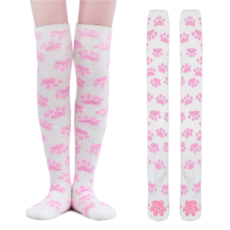 3D Paw Pad Thigh High Coral Fleece Socks