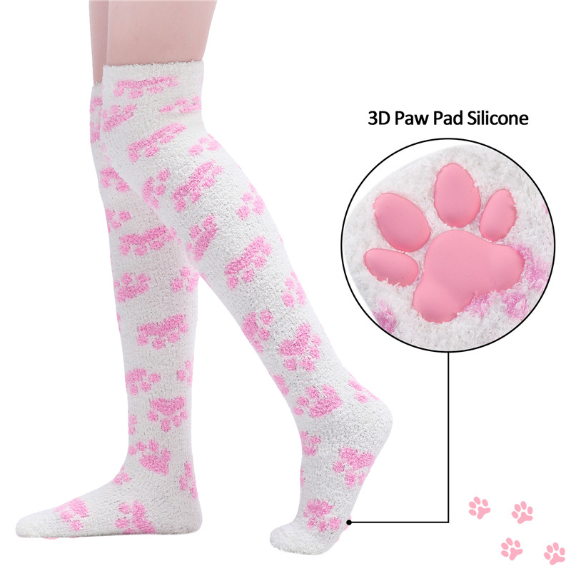 3D Paw Pad Thigh High Coral Fleece Socks