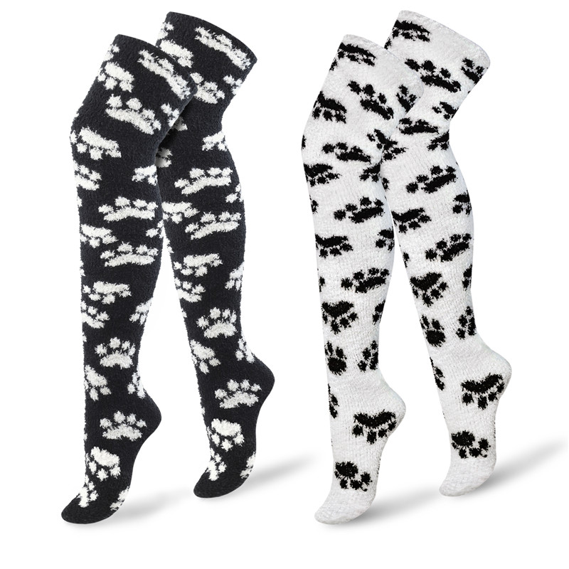 Cute Coral Fleece Thigh High Long Paws Patten Socks 2 Pairs-Black Paws