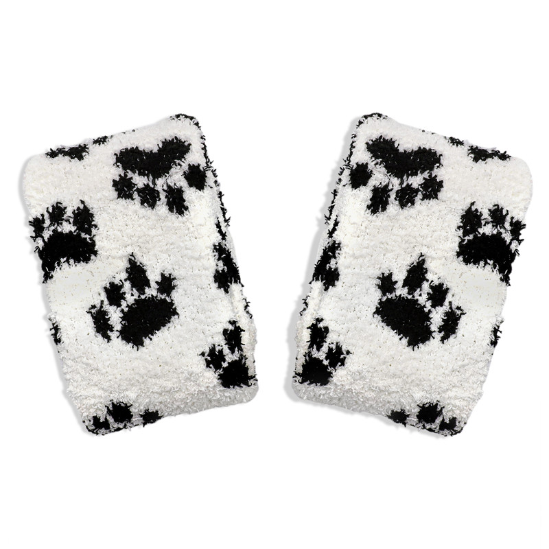 Cute Coral Fleece Thigh High Long Paws Patten Socks 2 Pairs-Black Paws