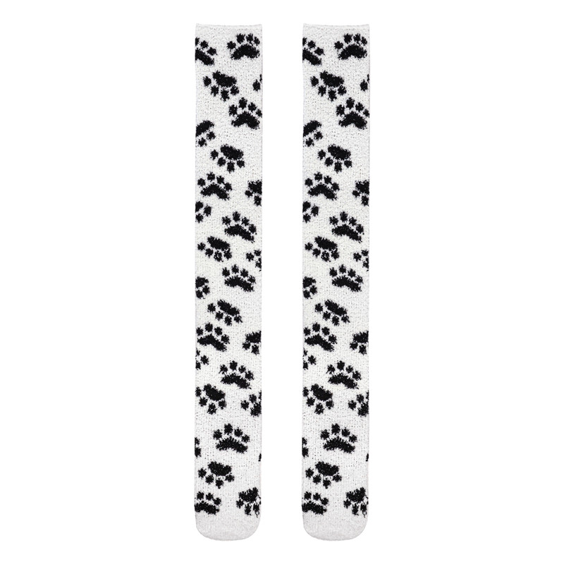 Cute Coral Fleece Thigh High Long Paws Patten Socks 2 Pairs-Black Paws
