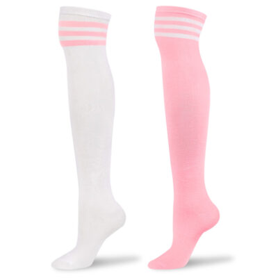 Knee High School Girl Long Striped Tube Socks - White & Pink