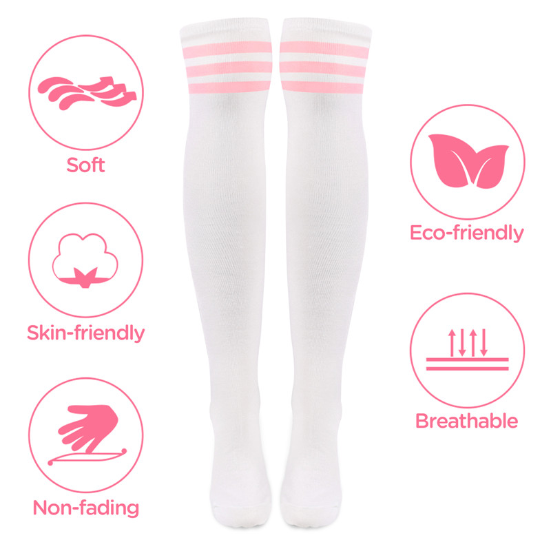 Knee High School Girl Long Striped Tube Socks – White & Pink