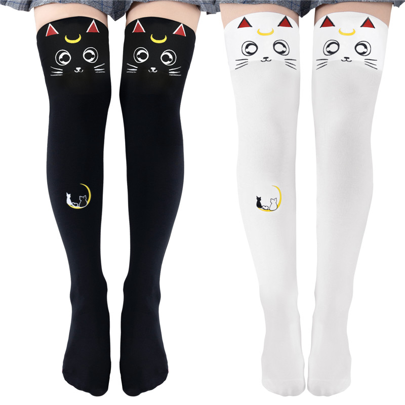 Luna Moon Cat Print Thigh High Stockings
