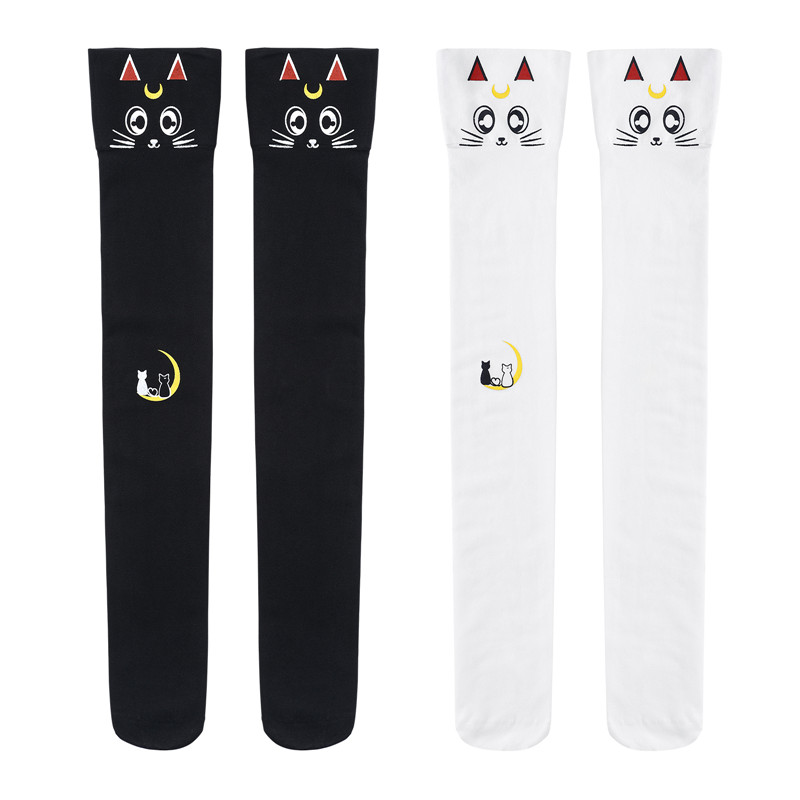 Luna Moon Cat Print Thigh High Stockings