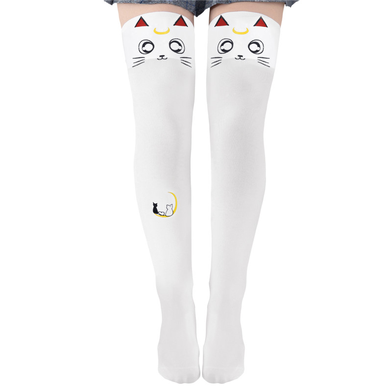 Luna Moon Cat Print Thigh High Stockings