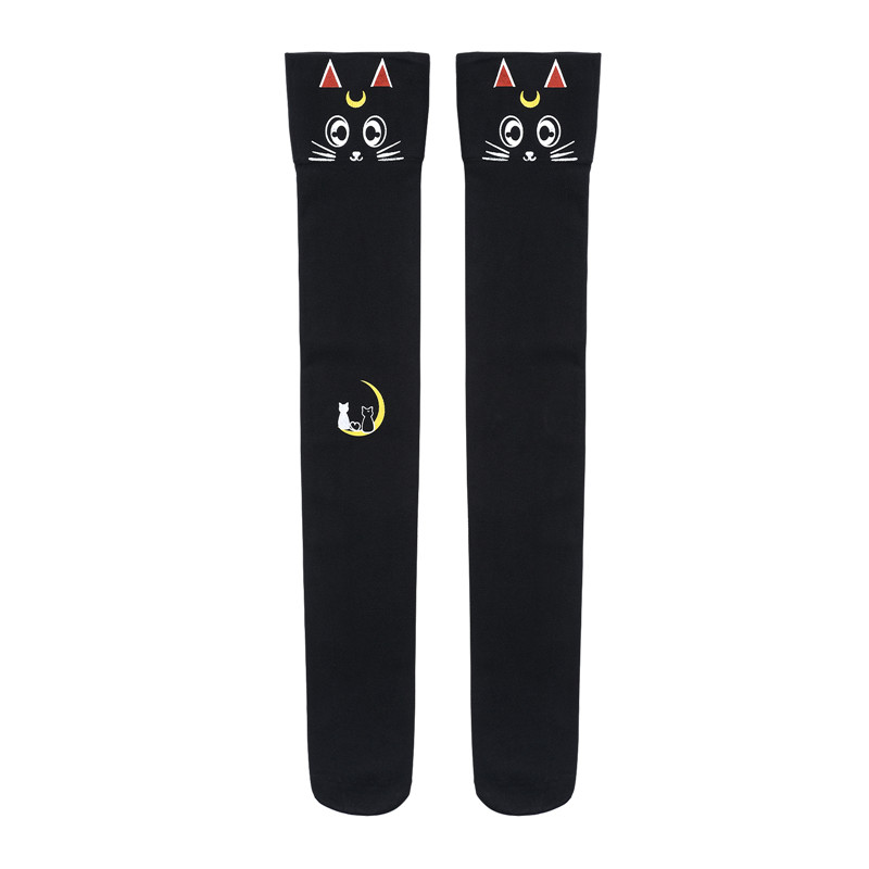Luna Moon Cat Print Thigh High Stockings
