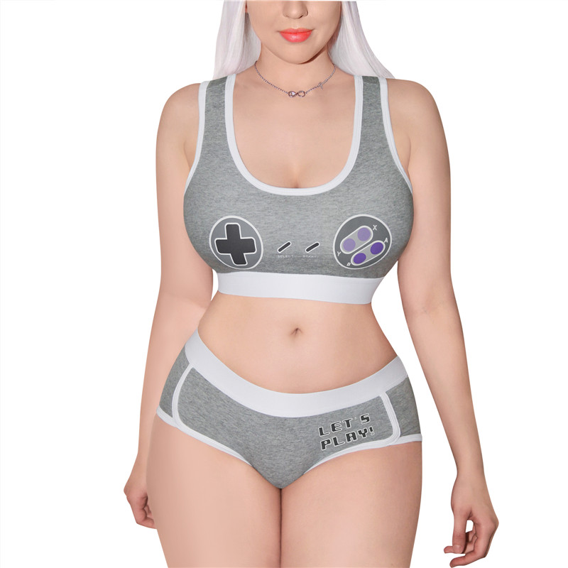 Let&apos;s Play GamerGirl Cosplay Bralette 2 Piece Sportsbra Boyshort Loungewear Set Grey