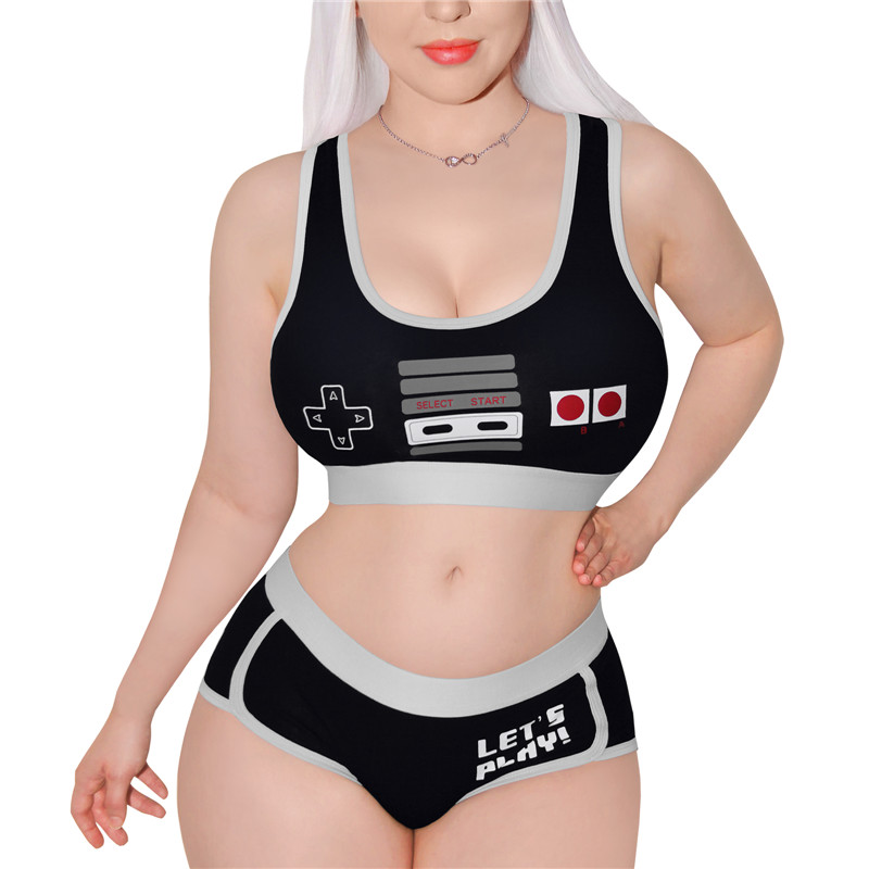 Let&apos;s Play GamerGirl Cosplay Bralette 2 Piece Sportsbra Boyshort Loungewear Set Black