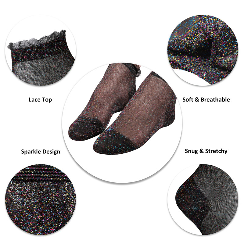 Ruffle Cuff Lacy Anklet Shiny Sparkly Glitter Socks 3 Pairs Black & Silver & MultiColor