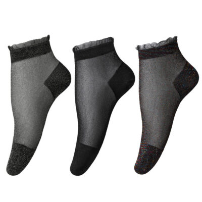 Ruffle Cuff Lacy Anklet Shiny Sparkly Glitter Socks 3 Pairs Black & Silver & MultiColor