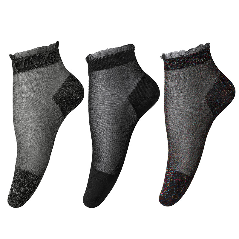 Ruffle Cuff Lacy Anklet Shiny Sparkly Glitter Socks 3 Pairs Black & Silver & MultiColor