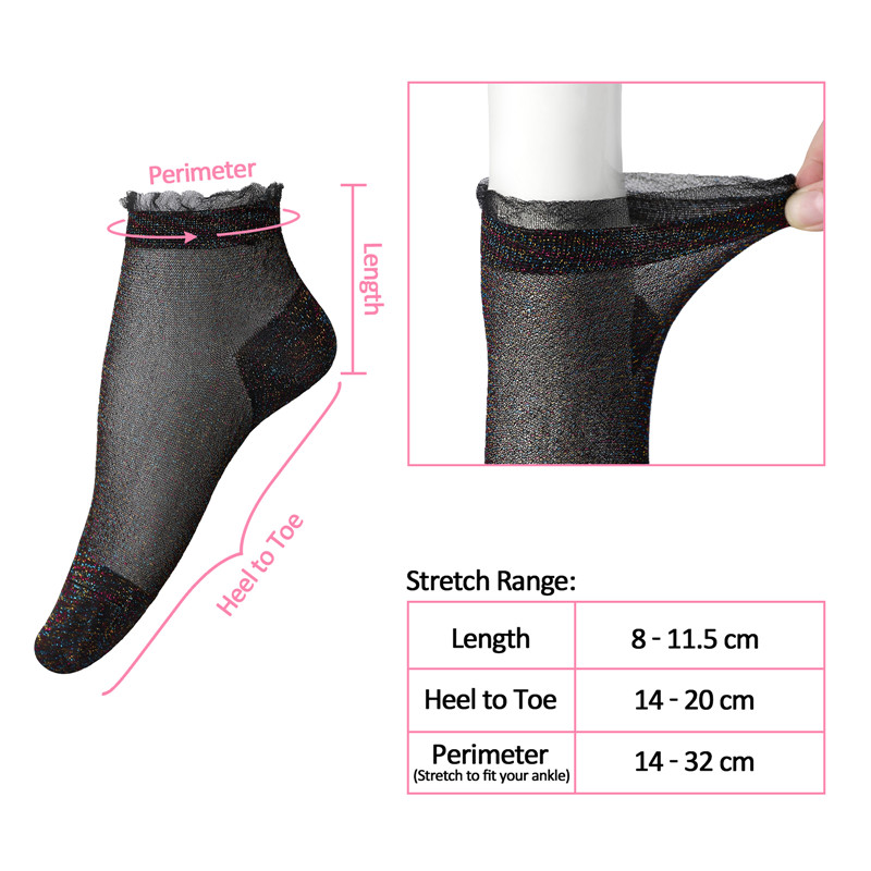 Ruffle Cuff Lacy Anklet Shiny Sparkly Glitter Socks 3 Pairs Black & Silver & MultiColor