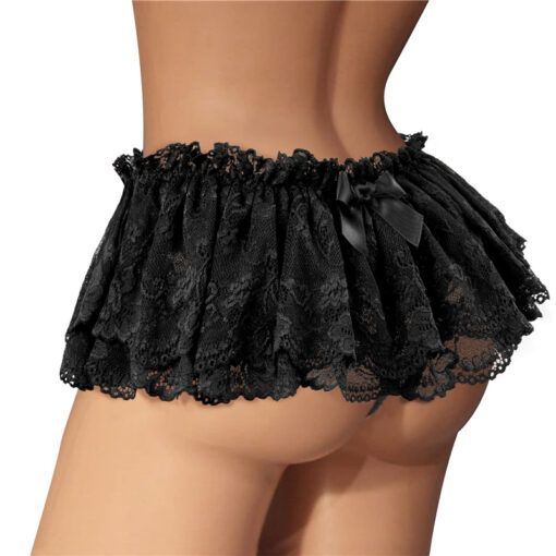 Sissy Lace Skirted Thong Panties Black