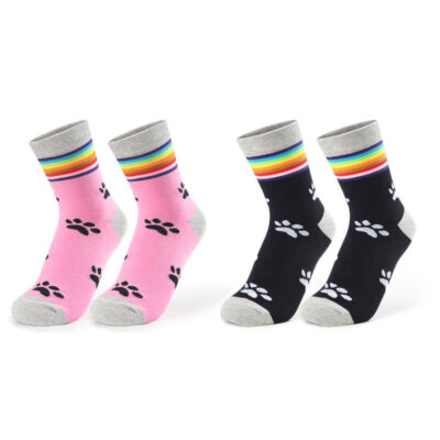 Rainbow Cuff Kitten Paw Cotton Mid Crew Socks 2 Pairs Set