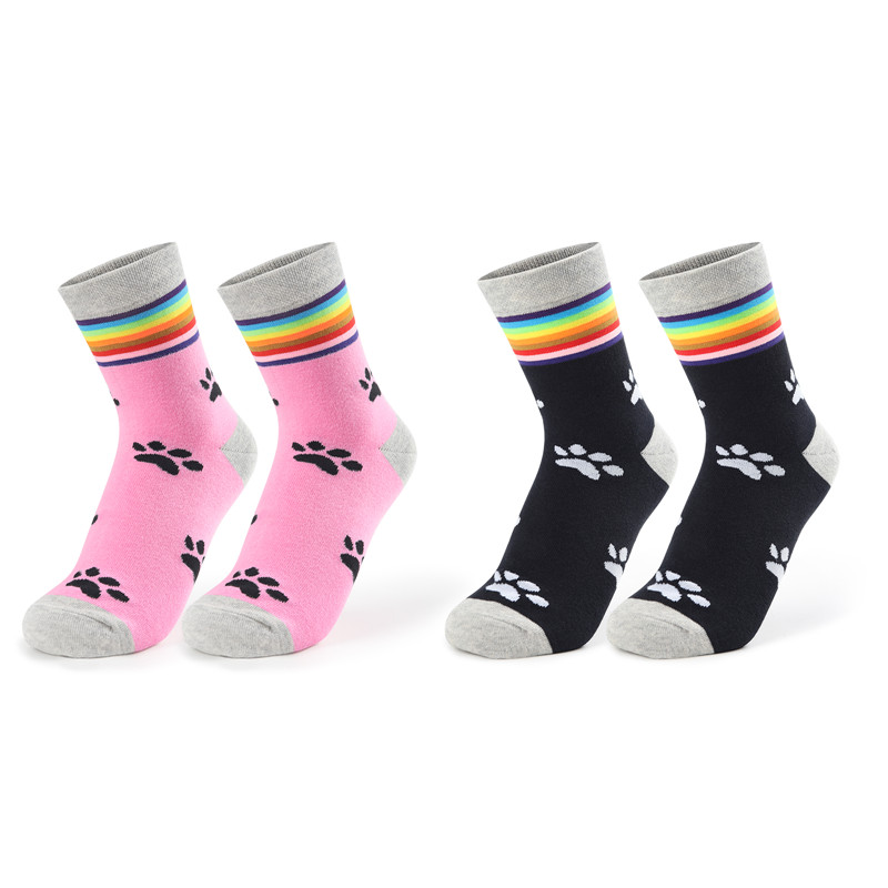 Rainbow Cuff Kitten Paw Cotton Mid Crew Socks 2 Pairs Set