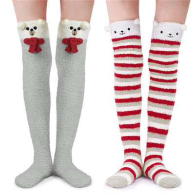 Cute Coral Fleece Thigh High Socks 2 Pairs Set - Scarf Bear & Red Stripe Bear