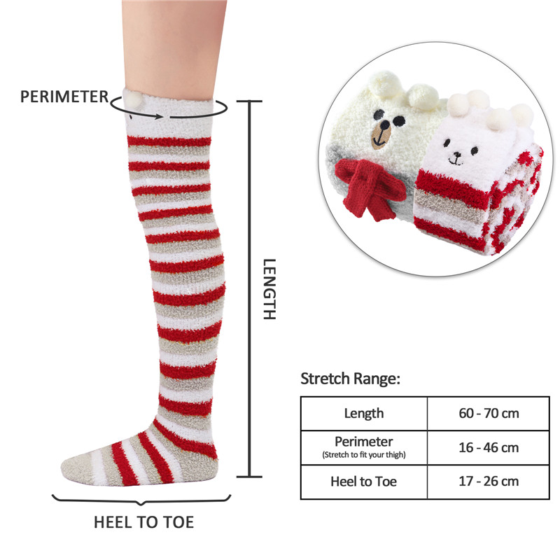 Cute Coral Fleece Thigh High Socks 2 Pairs Set – Scarf Bear & Red Stripe Bear