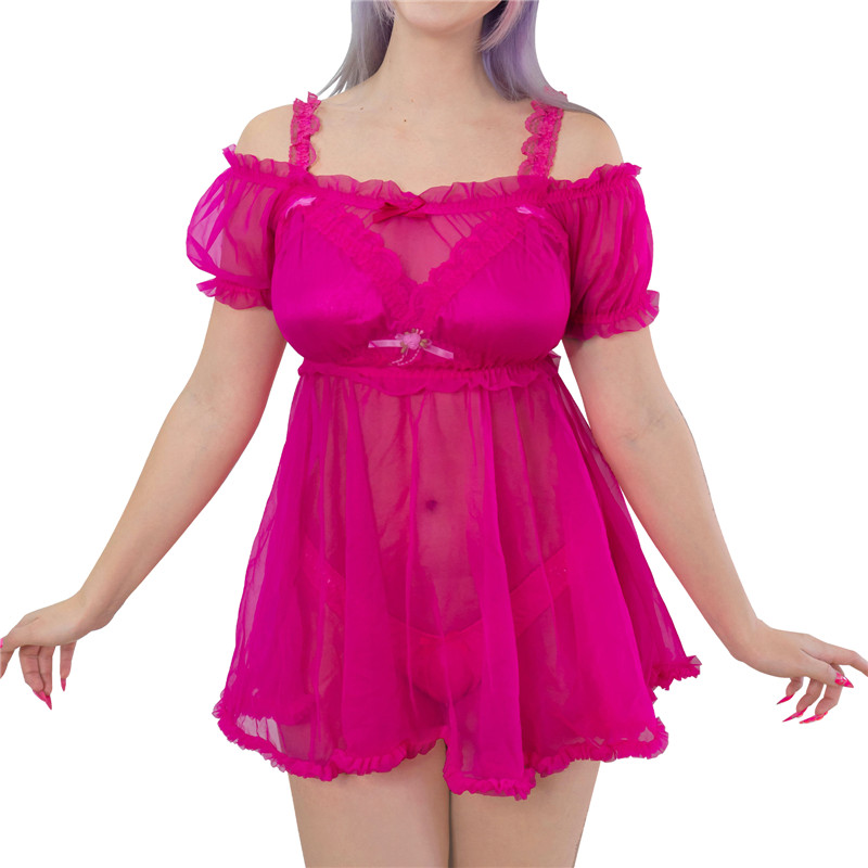 Unisex Mesh Seethrough Babydoll Dress Hot Pink