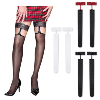 Lace Flowers Bow Over The Knee Silk Stockings 3 Pairs Set - Red & Black & White