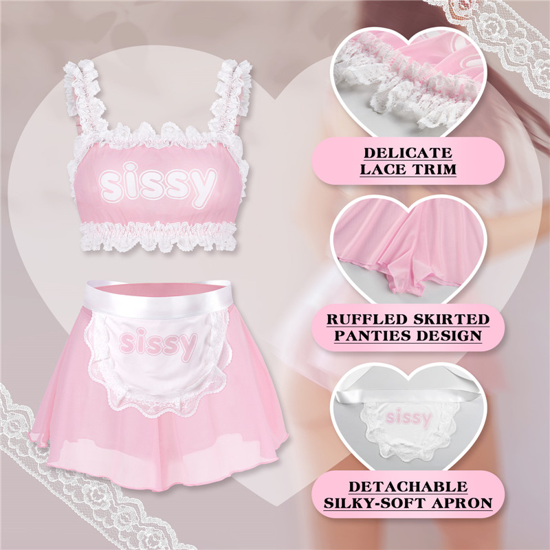 SissyUniversity Maid See-through Bralette Skirted Panties Set Pink