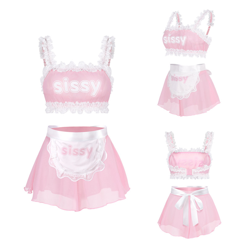 SissyUniversity Maid See-through Bralette Skirted Panties Set Pink