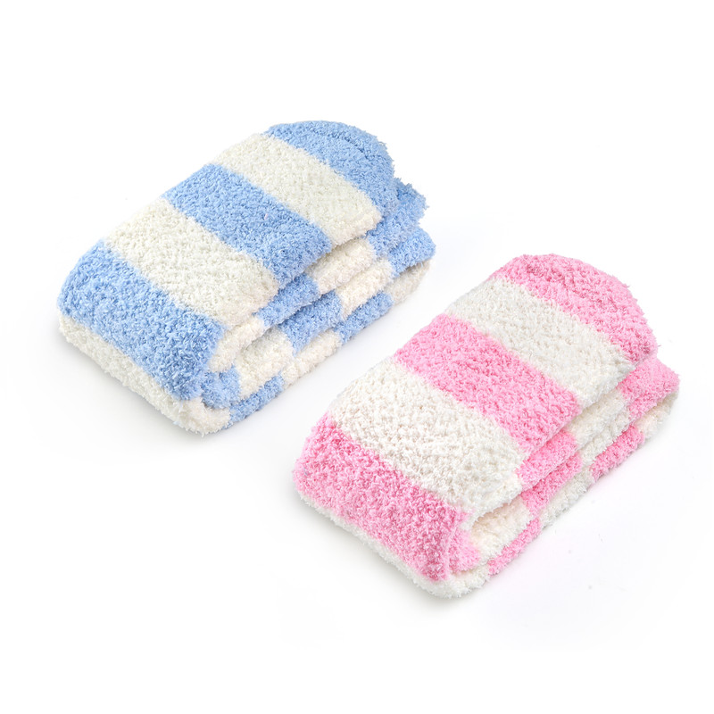 Coral Fleece Knee High Long Striped Socks 2 Pairs Set ?C Blue & Pink