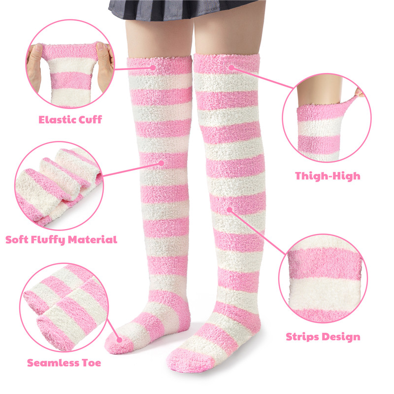Coral Fleece Knee High Long Striped Socks 2 Pairs Set ?C Blue & Pink