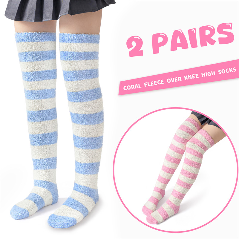 Coral Fleece Knee High Long Striped Socks 2 Pairs Set ?C Blue & Pink