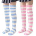 Coral Fleece Knee High Long Striped Socks 2 Pairs Set ?C Blue & Pink