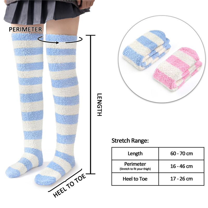 Coral Fleece Knee High Long Striped Socks 2 Pairs Set ?C Blue & Pink