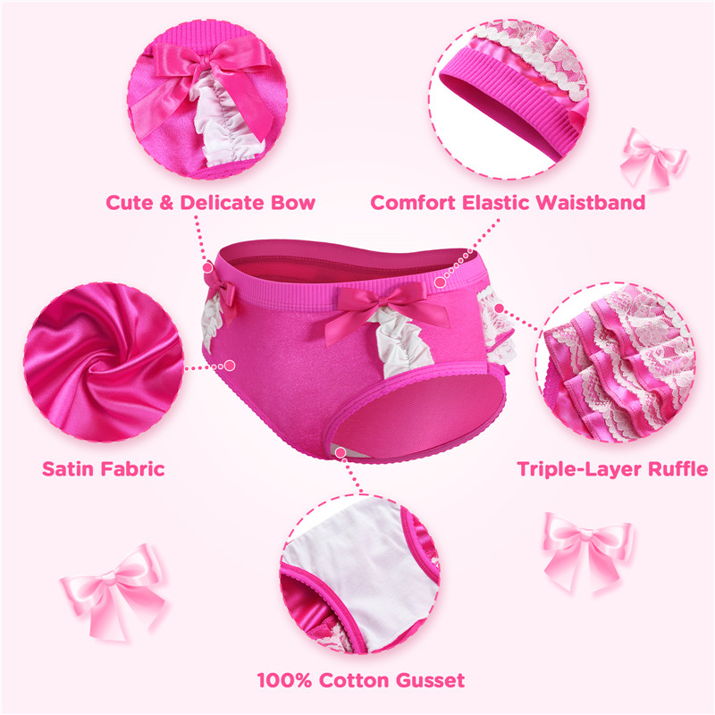 Pretty Satin Ruffled Lace Bow Panties Hot Pink