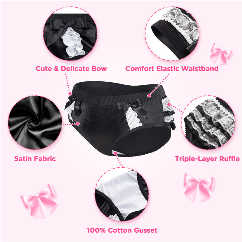 Pretty Satin Ruffled Lace Bow Panties Black