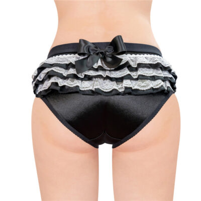 Pretty Satin Ruffled Lace Bow Panties Black