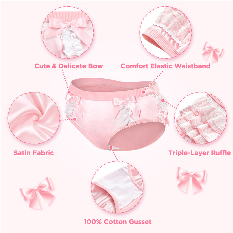 Pretty Satin Ruffled Lace Bow Panties Pink