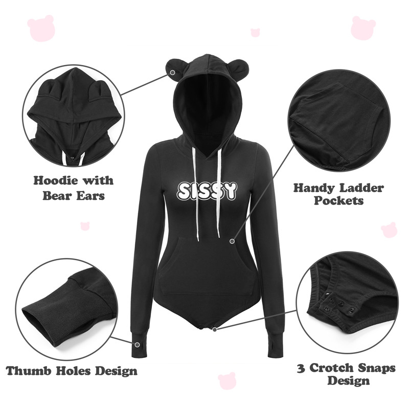 Cozy SissyUniversity Bear Hoodie Sweatshirt Onesie Black